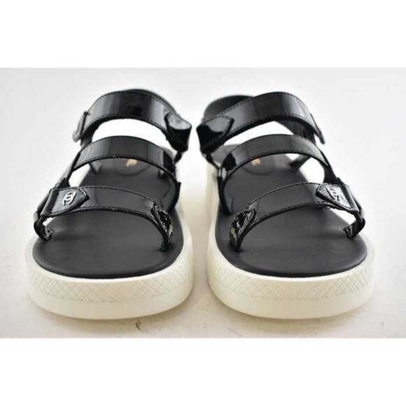 Chanel 20C Black Patent White CC Logo Mule Slide Strap Flat Dad Sandal 40.5 - Picture 8 of 12